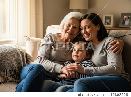 A cozy home setting with three smiling generations seated together on a sofa expressing warmth closeness and affectionate family connection in bright environment A cozy home setting with three smiling generations seated together on a sofa expressing warmth closeness and affectionate family connection in bright environment 130802308