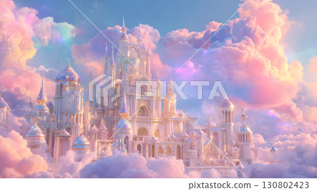 Fantasy background with a fantastic castle in the sky and rainbow clouds 130802423