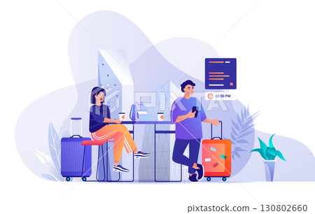 Travel to vacation concept for modern web design. People with baggage preparing to trip tour, couple with suitcases and tickets going to resort. Flat vector illustration isolated on white background. Travel to vacation concept for modern web design. People with baggage preparing to trip tour, couple with suitcases and tickets going to resort. Flat vector illustration isolated on white background. 130802660