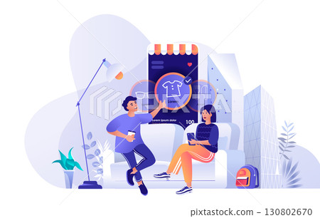 Online shopping concept for modern web design. People doing purchases in mobile app, woman and man ordering new clothes, paying in application. Flat vector illustration isolated on white background. 130802670