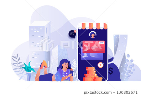 Online banking concept for modern web design. People managing finance in app, woman makes financial transactions from mobile phone application. Flat vector illustration isolated on white background. 130802671