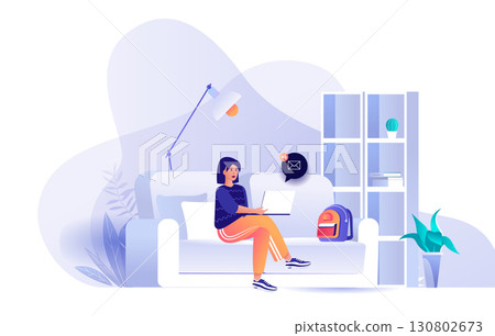 Freelance working concept for modern web design. People working distantly, woman sitting at home office and doing job tasks online from laptop. Flat vector illustration isolated on white background. 130802673