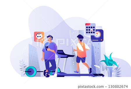 Fitness gym concept for modern web design. People training at sport club, doing cardio workout with personal trainer, running at treadmill. Flat vector illustration isolated on white background. Fitness gym concept for modern web design. People training at sport club, doing cardio workout with personal trainer, running at treadmill. Flat vector illustration isolated on white background. 130802674