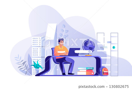 Distant learning concept for modern web design. People studying online, student training at lessons and making homework at e-learning platform. Flat vector illustration isolated on white background. 130802675