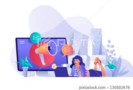 Digital marketing concept for modern web design. People making social media promotion, woman crating promo email messages with advertisement. Flat vector illustration isolated on white background. Digital marketing concept for modern web design. People making social media promotion, woman crating promo email messages with advertisement. Flat vector illustration isolated on white background. 130802676