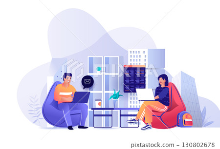 Coworking office concept for modern web design. People working together in open office space, colleagues sitting with laptops at workplace. Flat vector illustration isolated on white background. Coworking office concept for modern web design. People working together in open office space, colleagues sitting with laptops at workplace. Flat vector illustration isolated on white background. 130802678
