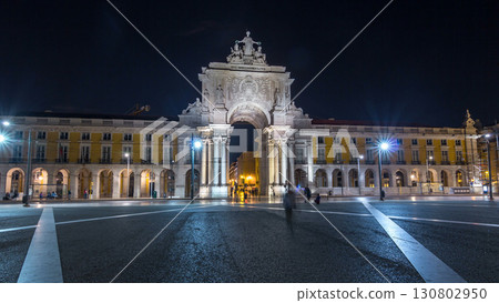 Triumphal arch at Rua Augusta at Commerce square night timelapse hyperlapse in Lisbon, Portugal. Triumphal arch at Rua Augusta at Commerce square night timelapse hyperlapse in Lisbon, Portugal. 130802950