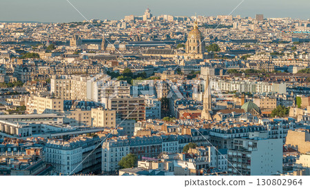 Aerial panorama above many houses rooftops in a Paris timelapse 130802964