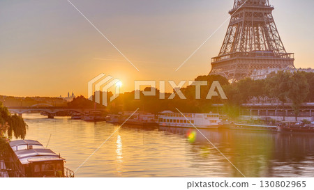 Eiffel Tower and the Seine river at Sunrise timelapse, Paris, France 130802965