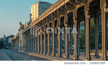 Seine bridge Bir-Hakeim during sunrise timelapse in the center of Paris a beautiful summer morning, Paris, France. 130802980