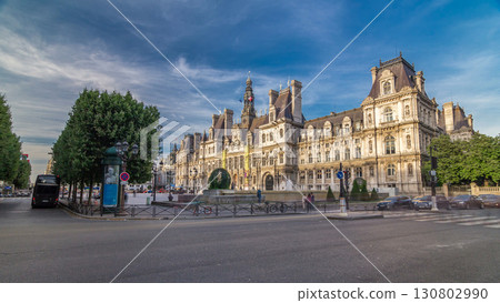 Hotel de Ville or Paris city hall timelapse hyperlapse in sunny day. 130802990