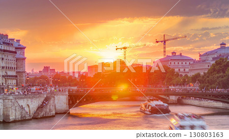 Le Pont D'Arcole bridge at sunset with boats timelapse, Paris, France, Europe Le Pont D'Arcole bridge at sunset with boats timelapse, Paris, France, Europe 130803163