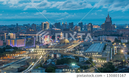 Panoramic view to Kiev Railway Station night to day timelapse and modern city in Moscow, Russia 130803167