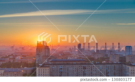 Residential buildings, Stalin skyscrapers and panorama of city at sunrise timelapse in Moscow, Russia 130803177