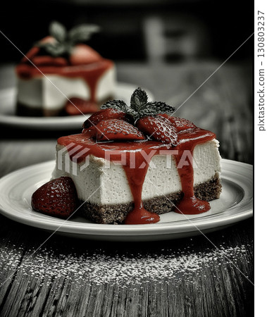 Strawberry cheesecake on a wooden table 130803237