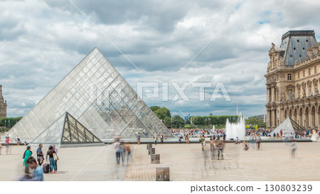 Tourists posing and making photos near fountain timelapse, famous French museum. Paris, France Tourists posing and making photos near fountain timelapse, famous French museum. Paris, France 130803239
