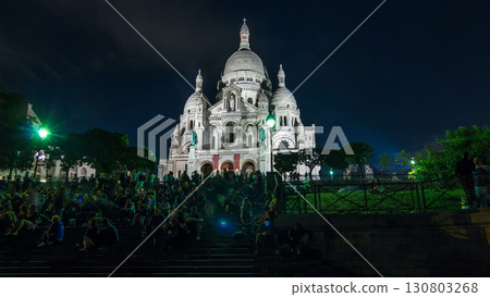 Frontal view of Sacre coeur Sacred Heart cathedral at dusk timelapse hyperlapse. Paris, France 130803268