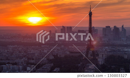 Panorama of Paris at sunset timelapse. Eiffel tower view from montparnasse building in Paris - France 130803327