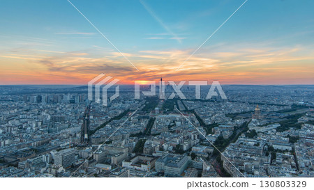 Panorama of Paris at sunset timelapse. Eiffel tower view from montparnasse building in Paris - France 130803329