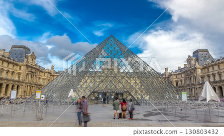 Large glass pyramid and the main courtyard of the Louvre Museum timelapse hyperlapse. Paris, France 130803432