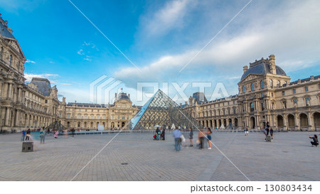 The large glass pyramid and the main courtyard of the Louvre Museum timelapse hyperlapse. Paris, France 130803434
