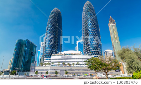 Modern skyscrapers timelapse hyperlapse, Sheikh zayed road, Dubai, United Arab Emirates. 130803476