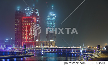 The new Dubai Water Canal with view on the city skyline timelapse, United Arab Emirates 130803501