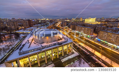 Moscow city Russia skyline aerial panoramic top view day to night timelapse urban winter snow scenery architecture background 130803510