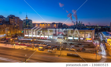 Moscow city Russia skyline aerial panoramic top view day to night timelapse urban winter snow scenery architecture background 130803515