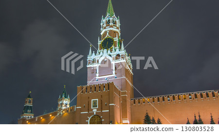 View of The Saviour Spasskaya Tower timelapse hyperlapse and Kremlin walls of Moscow Kremlin, Russia at night in winter. 130803528
