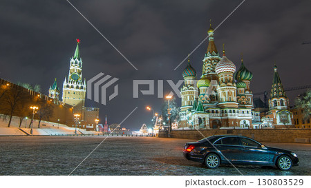 Moscow Kremlin timelapse hyperlapse with Spasskaya tower and Cathedral of St. Basil, Russia. Red Square in winter night Moscow Kremlin timelapse hyperlapse with Spasskaya tower and Cathedral of St. Basil, Russia. Red Square in winter night 130803529