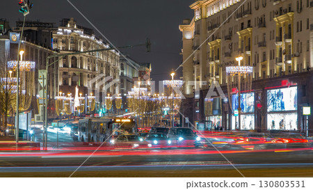 Tverskaya Street timelapse with Wineglass-shaped Street Lamps in Winter Season at frosty night. Moscow, Russia Tverskaya Street timelapse with Wineglass-shaped Street Lamps in Winter Season at frosty night. Moscow, Russia 130803531