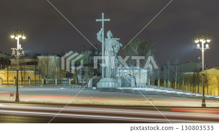 Monument to Prince Vladimir the Great timelapse hyperlapse on Borovitskaya Square in Moscow near the Kremlin. 130803533
