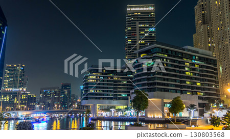 Dubai Marina towers and canal in Dubai night timelapse hyperlapse Dubai Marina towers and canal in Dubai night timelapse hyperlapse 130803568