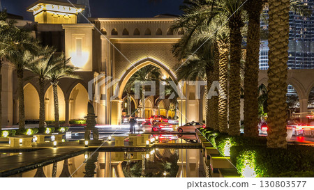 Entrance of Hotels, offices and Souk in downtown timelapse hyperlapse in Dubai, UAE Entrance of Hotels, offices and Souk in downtown timelapse hyperlapse in Dubai, UAE 130803577