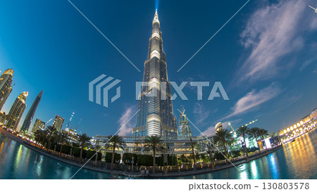 Burj Khalifa facade day to night timelapse fisheye. Burj Khalifa facade day to night timelapse fisheye. 130803578