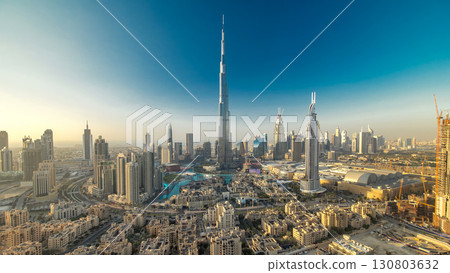 Dubai Downtown at evening timelapse view from the top in Dubai, United Arab Emirates Dubai Downtown at evening timelapse view from the top in Dubai, United Arab Emirates 130803632