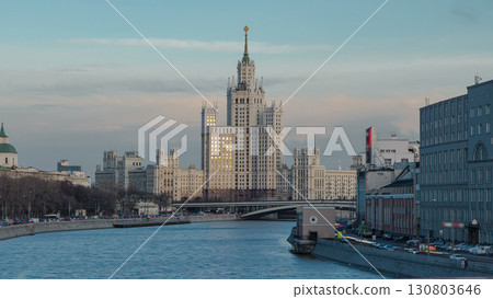 Dusk view of the Kotelnicheskaya Embankment Building day to night hyperlapse in Moscow timelapse, Russia. 130803646