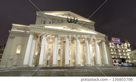 Night view of the State Academic Bolshoi Theatre Opera and Ballet timelapse hyperlapse, Moscow, Russia 130803706