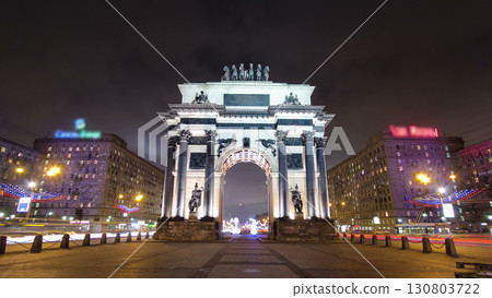 Triumphal arch in Moscow with Christmas illuminations at night timelapse hyperlapse 130803722
