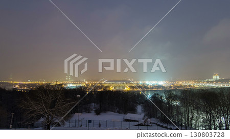 Panoramic view of Moscow City, Russia, from Sparrow Hills day to night winter timelapse 130803728