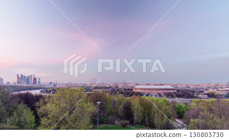 Panoramic aerial view of Moscow City, Russia, from Sparrow Hills day to night timelapse 130803730