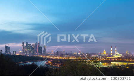 Panoramic aerial view of Moscow City, Russia, from Sparrow Hills day to night timelapse Panoramic aerial view of Moscow City, Russia, from Sparrow Hills day to night timelapse 130803731