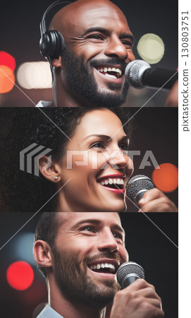 Smiling performers with microphones sharing joy and energy on stage together Smiling performers with microphones sharing joy and energy on stage together 130803751