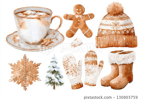 Watercolor winter set with gingerbread, cocoa and knitted clothes 130803759