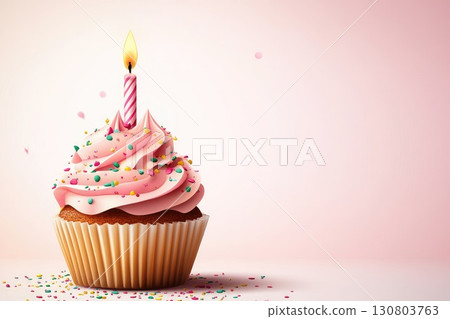 Birthday cupcake with candle and pink cream 130803763
