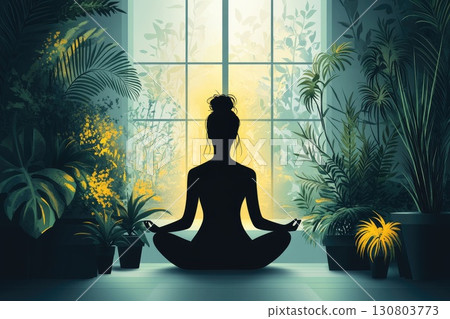 Silhouette woman meditating among houseplants 130803773