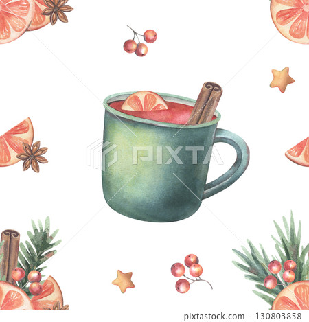 Seamless holiday pattern with mulled wine, orange slices, berries, stars. Hand-painted watercolor illustration isolated on white for printing on textile, packaging, wrapping paper, festive decor, Seamless holiday pattern with mulled wine, orange slices, berries, stars. Hand-painted watercolor illustration isolated on white for printing on textile, packaging, wrapping paper, festive decor, 130803858