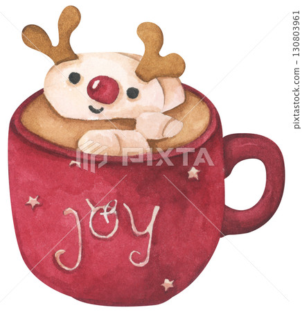 Watercolor paining of Christmas Coffee cup, Cocoa Mug, Hot Chocolate Cup with Marshmallow, Cozy Winter Drink, Festive Holiday Beverage, Cute Cafe Illustration. 130803961