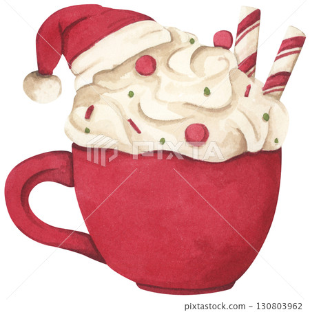 Watercolor paining of Christmas Coffee cup, Cocoa Mug, Hot Chocolate Cup with Marshmallow, Cozy Winter Drink, Festive Holiday Beverage, Cute Cafe Illustration. 130803962